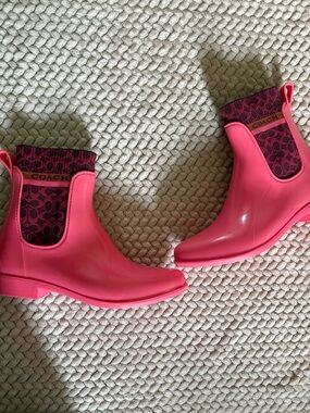 Coach Hot Pink Rubber Chelsea Rain Booties with Signature Knit Cuff